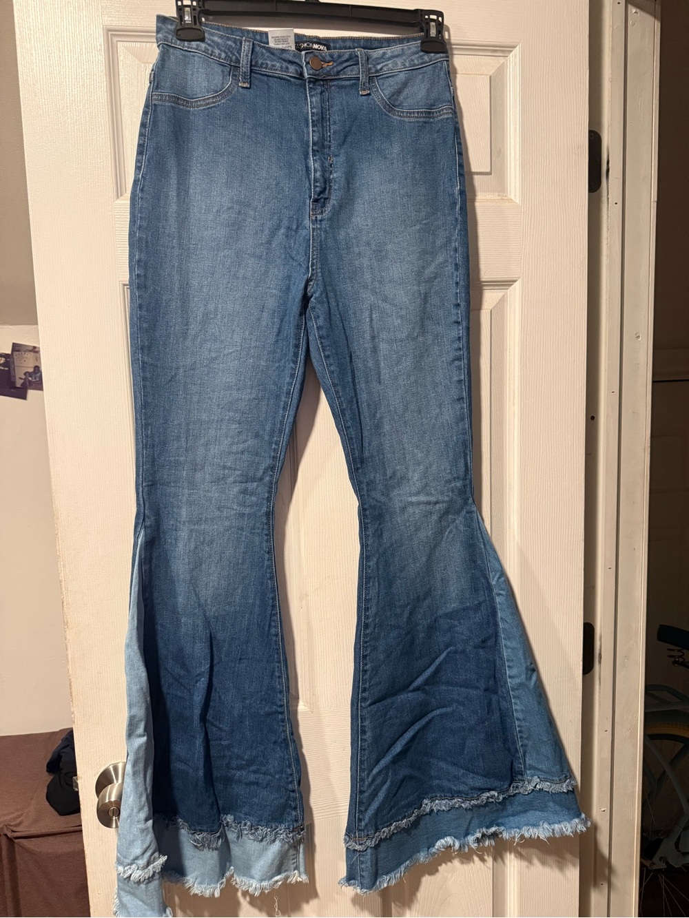 Fashion Nova Two-Tone Blue Flare Jeans with Frayed Hem
